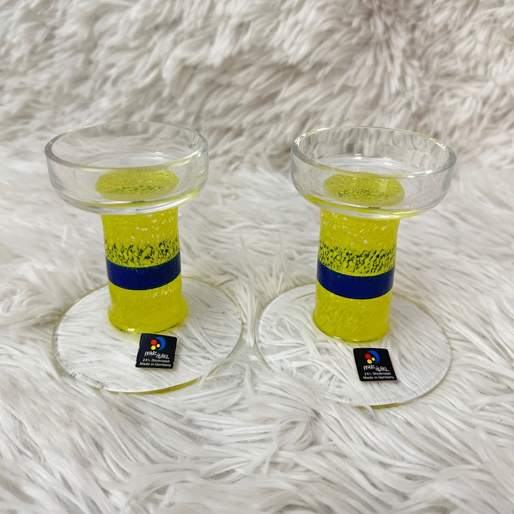 Marc‎ Aurel Germany Lead Crystal Yellow frost 2 Piece Candle Holders 3.5" tall